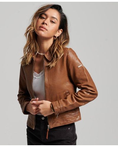 Superdry Studios Downtown Leather Jacket Tan - Brown