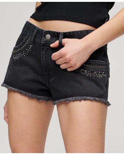 Superdry Denim Short Versierd Met Strass - Zwart