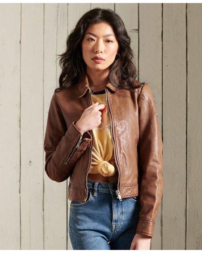 Superdry Cropped Leather Harrington Jacket - Brown