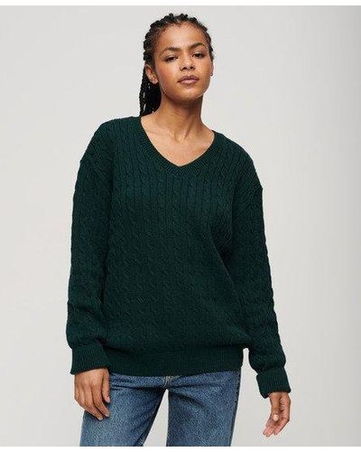 Superdry Oversized V Neck Cable Knit Sweater - Green