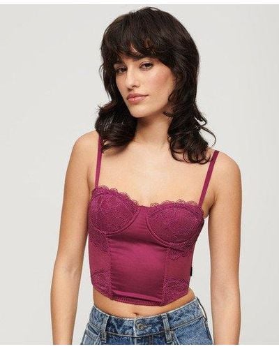 Superdry Satin And Mesh Lace Corset Top - Purple