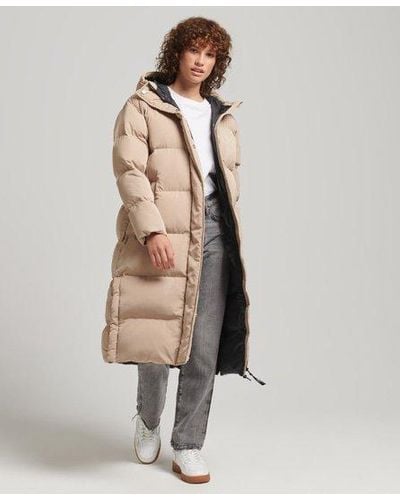 Superdry Hooded Longline Puffer Coat - Natural