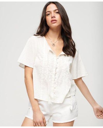 Superdry Classic Embroidered Short Sleeve Button Top - White