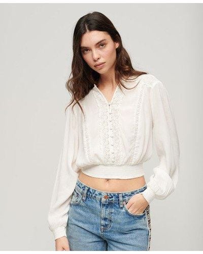 Superdry Long Sleeve Lace Trim Smocked Blouse - White
