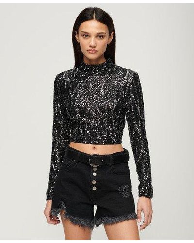 Superdry Long Sleeve Sequin Crop Top - Black