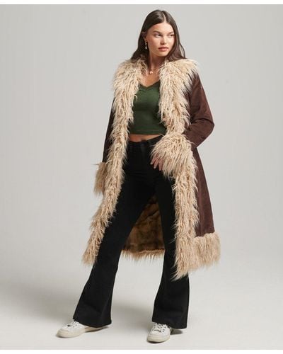 Superdry Faux Fur Lined Longline Afghan Coat Brown - Natural