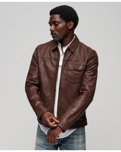 Superdry Fully Lined 70s Leather Jacket - Brown