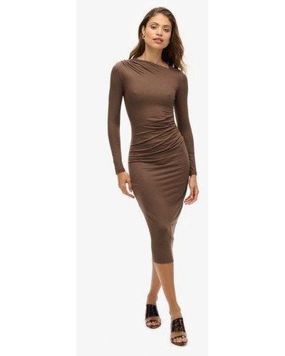 Superdry Long Sleeve Ruched Midi Dress - Brown