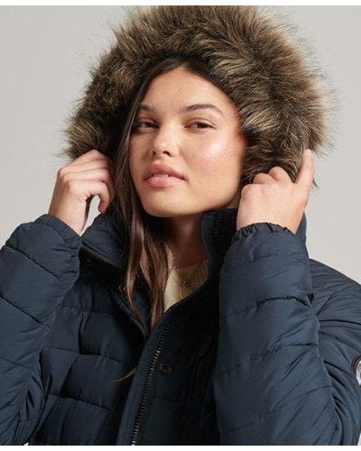 Superdry Faux Fur Hooded Mid Length Puffer Jacket - Blue