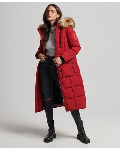 Superdry Longline Faux Fur Everest Coat - Red