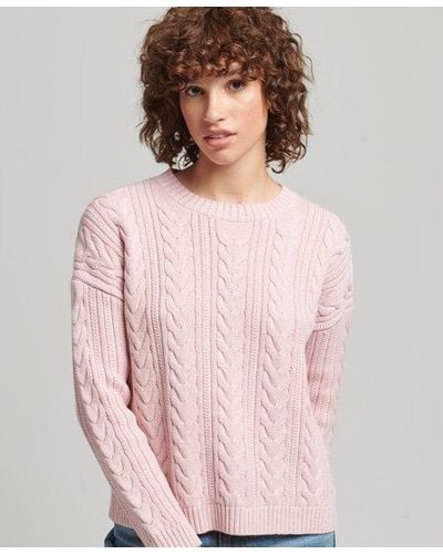 Superdry Dropped Shoulder Cable Knit Crew Neck Sweater - Pink