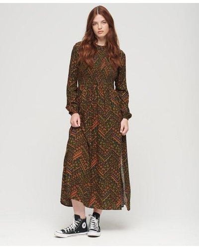 Superdry Printed Smocked Maxi Dress - Brown