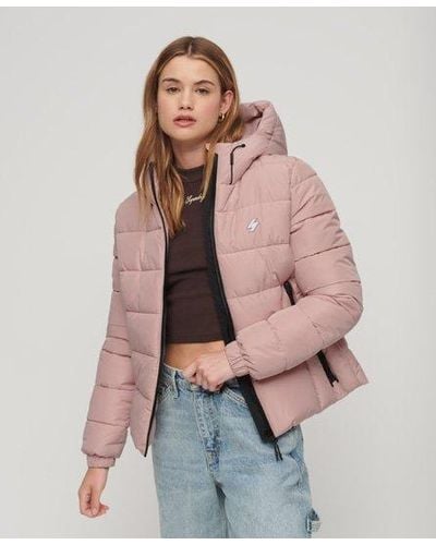Superdry Brand Embroidered Hooded Spirit Sports Puffer Jacket - Pink
