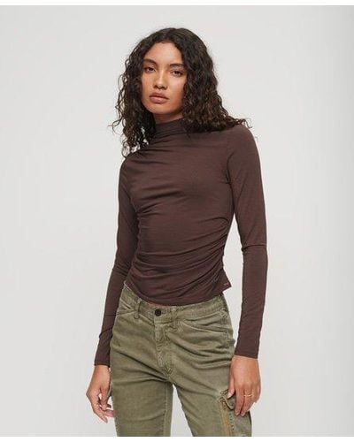 Superdry Long Sleeve Ruched Mock Neck Top - Brown