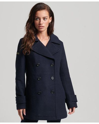 Superdry Double Breasted Wool Pea Coat Navy - Blue