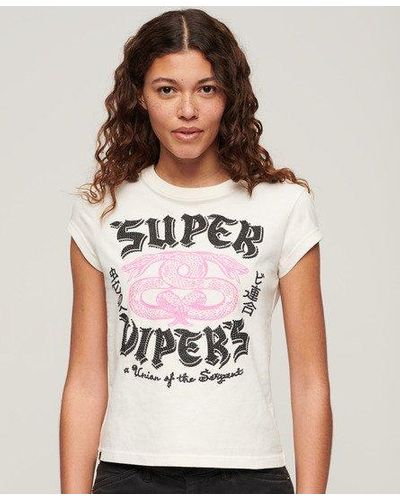 Superdry Embellished Poster T-shirt Met Kapmouwen - Wit