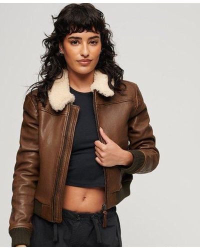 Superdry Leather Borg Collar Jacket - Brown