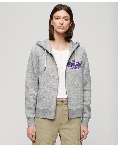 Superdry Ladies Classic Embroidered Neon Graphic Zip Hoodie - Gray