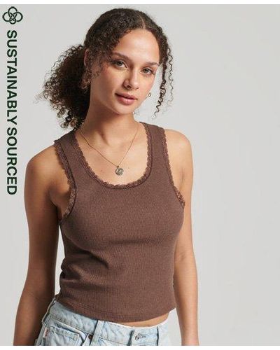 Superdry Organic Cotton Vintage Lace Trim Vest Brown