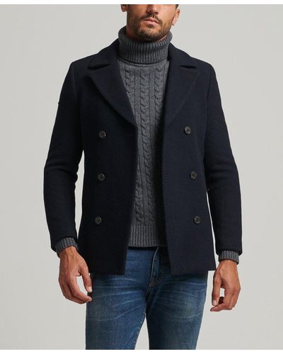 Superdry Wool Blend Short Pea Coat - Blue