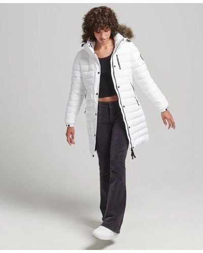 Superdry Faux Fur Hooded Mid Length Puffer Jacket - White