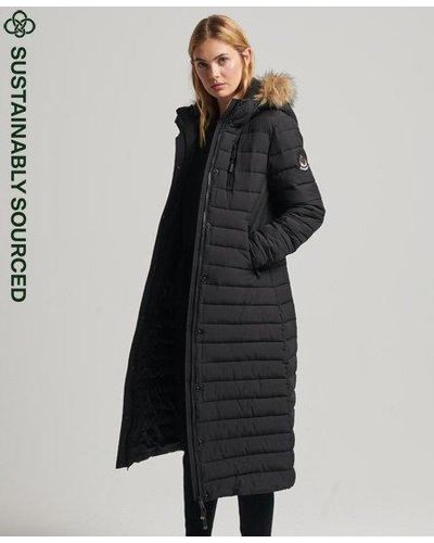 Superdry Faux Fur Hooded Longline Light Padded Puffer Coat - Black