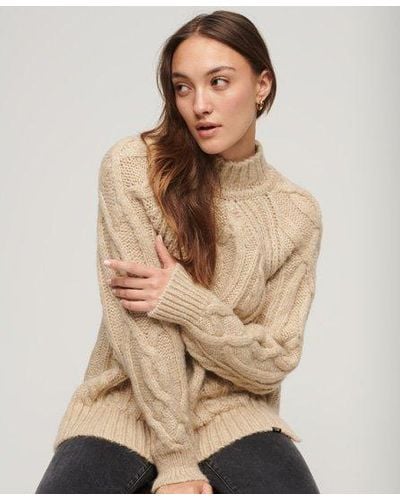 Superdry High Neck Cable Knit Sweater - Natural