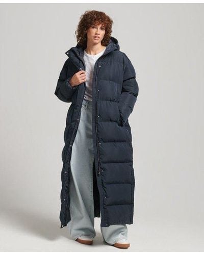 Superdry Maxi Pufferjas Met Capuchon - Blauw