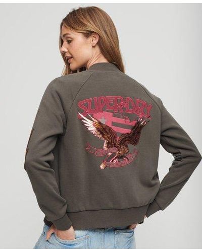 Superdry Ladies Classic Graphic Embroidered 70s Lo-fi Band Jersey Bomber Jacket - Gray