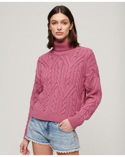 Superdry Twist Cable Knit Polo Neck Jumper - Pink