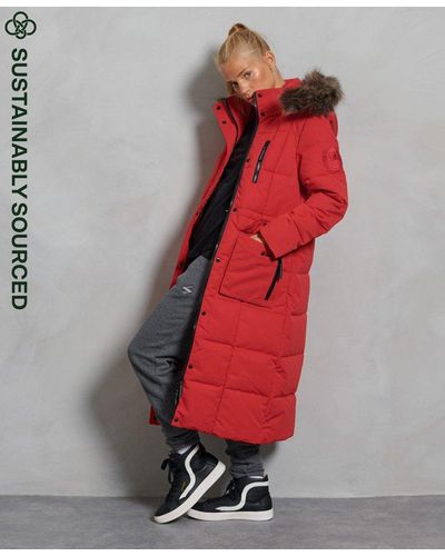 Superdry Longline Faux Fur Everest Coat Red