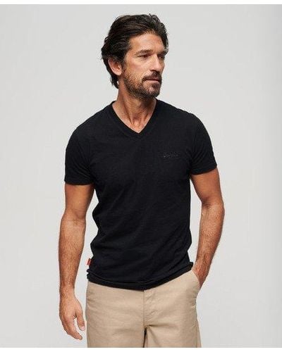Superdry T-shirt à col en v avec logo brodé en coton biologique - Noir