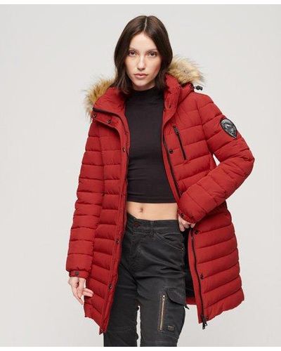 Superdry Fuji Hooded Mid Length Puffer Coat - Red