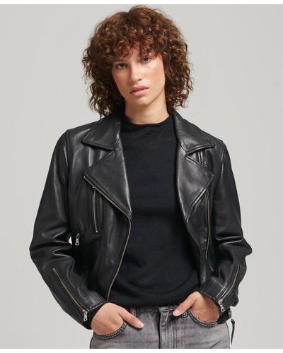 Superdry Leather Biker Jacket - Black