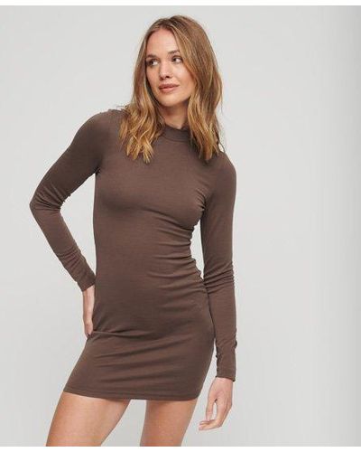 Superdry High Neck Long Sleeve Jersey Mini Dress - Brown