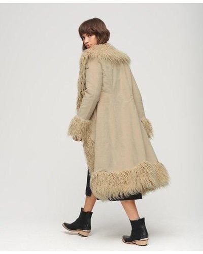Superdry Faux Fur Lined Longline Afghan Coat - Natural