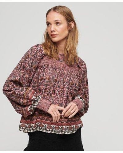 Superdry Printed Smocked Woven Top - Pink