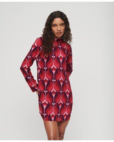 Superdry Long Sleeve Printed Mini Dress - Red