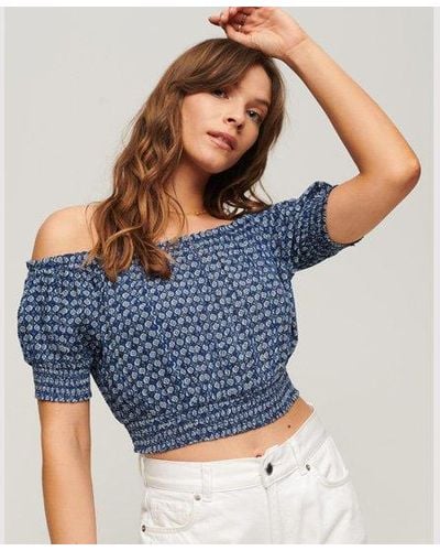 Superdry Classic Smocked Short Sleeve Crop Top - Blue