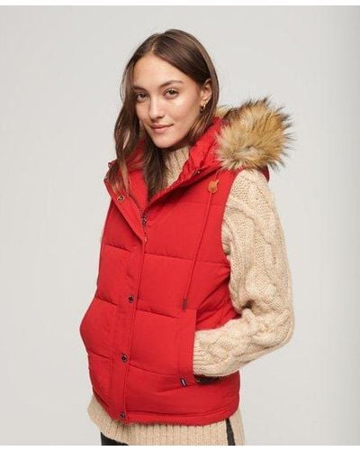 Superdry Everest Faux Fur Puffer Gilet - Red