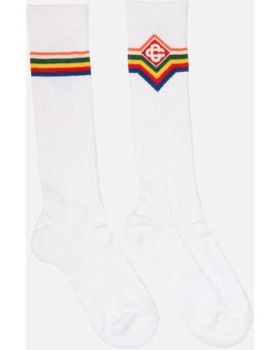 CASABLANCA Diamond Stripe Logo Mid Calf Ribbed Sport Sock - White