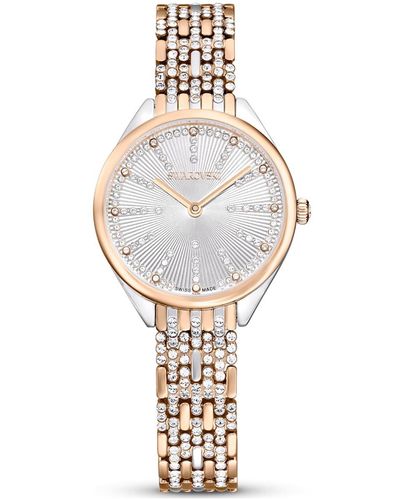 Swarovski Reloj attract, fabricado en suiza, pavé, brazalete de metal, tono oro rosa, combinación de acabados metálicos