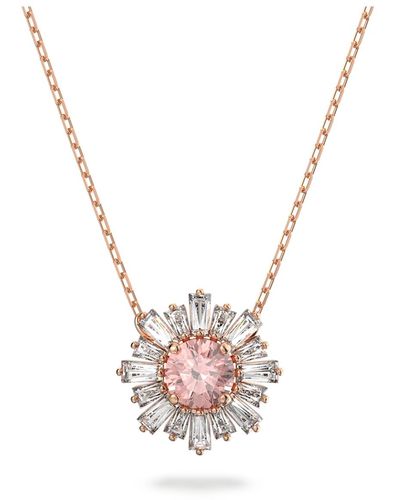 Swarovski Pendant Necklace With Pink And Clear Crystal Sun Motif On A Rose-gold Tone Finish Setting And Simple Chain - Metallic