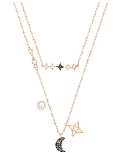 Swarovski Symbolic Necklace With A Black Crystal Pavé Moon Black And White Crystal Studded Star Charms On A Gold-tone Plated Chain - Metallic