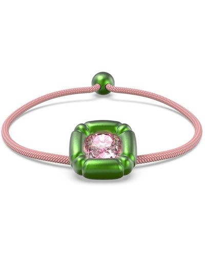 Swarovski Dulcis Soft Bracelet With Pink Crystal In Green Molded Setting On Pink Braided Cord