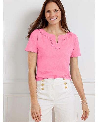 Talbots Lace Trim Split Neck T-shirt - Pink