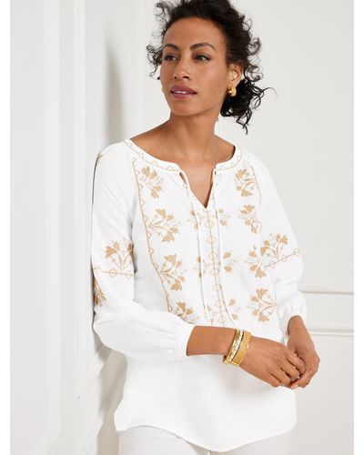 Talbots Embroidered Linen Cotton Popover Shirt - White