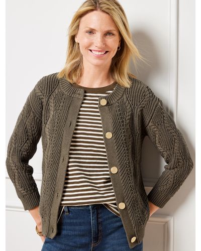 Talbots Cable Knit Crewneck Cardigan Sweater - Brown