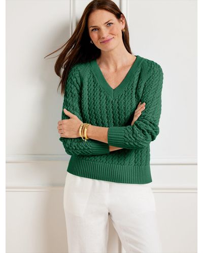 Talbots Open Stitch V-neck Sweater - Green