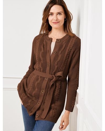 Talbots Belted Cable Knit Cardigan Sweater - Brown